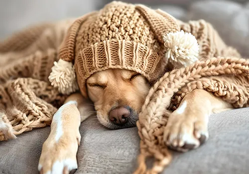 A close-up of a light-brown dog, possibly a Labrador Retriever, lying on a gray surface with its eyes closed, appearing to be asleep. It is wearing a cozy, light-brown knit hat with two large pom-poms on the top, and a matching knit scarf is draped around its body, partially covering it. Its front paws are visible in the foreground.
