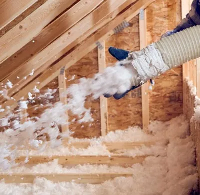 A white, corrugated hose with a blue nozzle sprays white, fluffy insulation into an attic. The insulation is visible as a stream from the nozzle and accumulating in piles on the floor and between wooden studs of the attic framing. The framing consists of several light-colored wooden beams and studs, forming a skeletal structure.