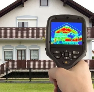 67ee38a9a78c5c3ba52cdf9e_energy-audit-thermographic-inspection.webp: A hand holds a thermal imaging camera, displaying a colorful heat map of a house on its screen, indicating heat loss or gain. The house in the background is a traditional, multi-story home with brown balconies and white siding, under a clear sky.