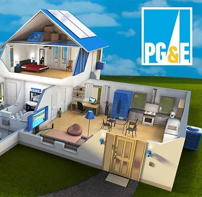 A stylized, cutaway illustration of a multi-story house, showcasing its interior rooms and various energy-related systems. Solar panels are visible on the blue roof. Inside, different rooms like a bedroom, living area with a television, kitchen, and bathroom are depicted. An outdoor AC unit is visible on the right side of the house. In the top right corner, there's a blue and white "PG&E" logo. The house is set on a green lawn under a blue sky with white clouds.