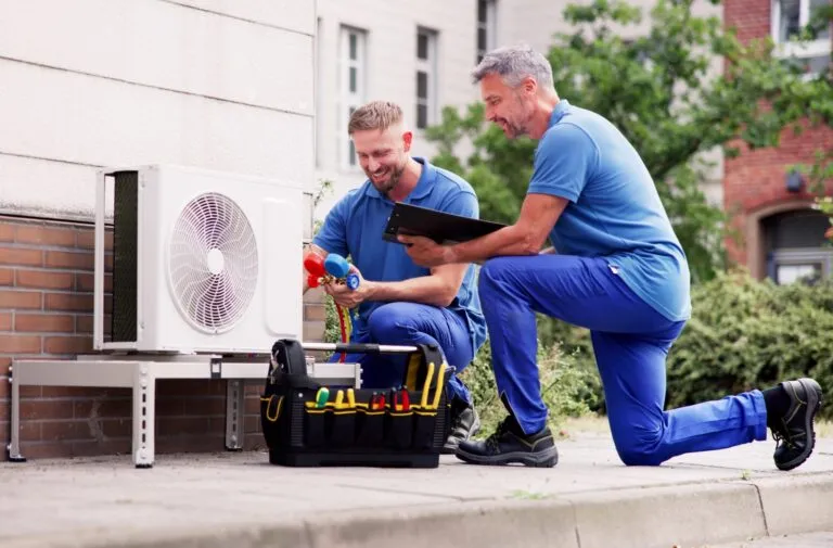 Two men, both in blue shirts and pants, are working on an outdoor heat pump unit placed on a white stand on a concrete path, with a tool bag nearby.
