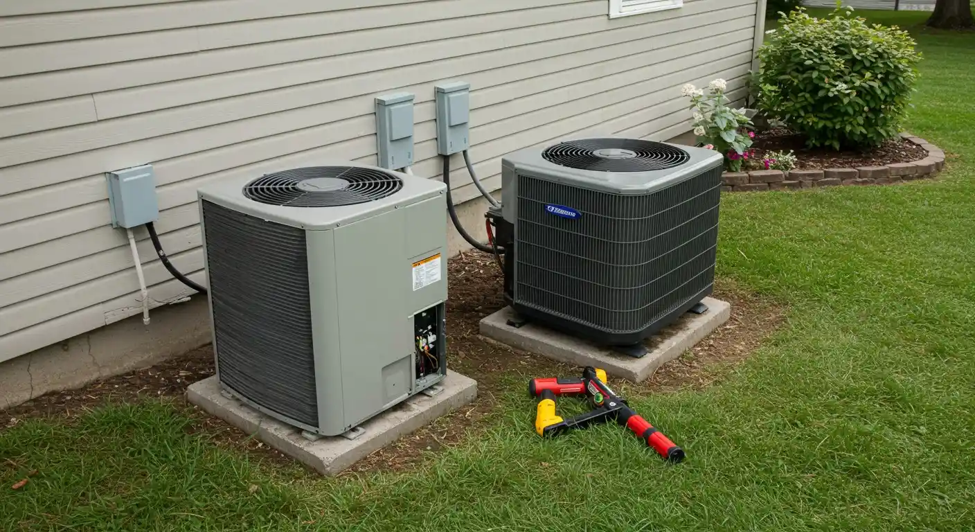 Two air conditioners positioned in front of a house on a sunny day.