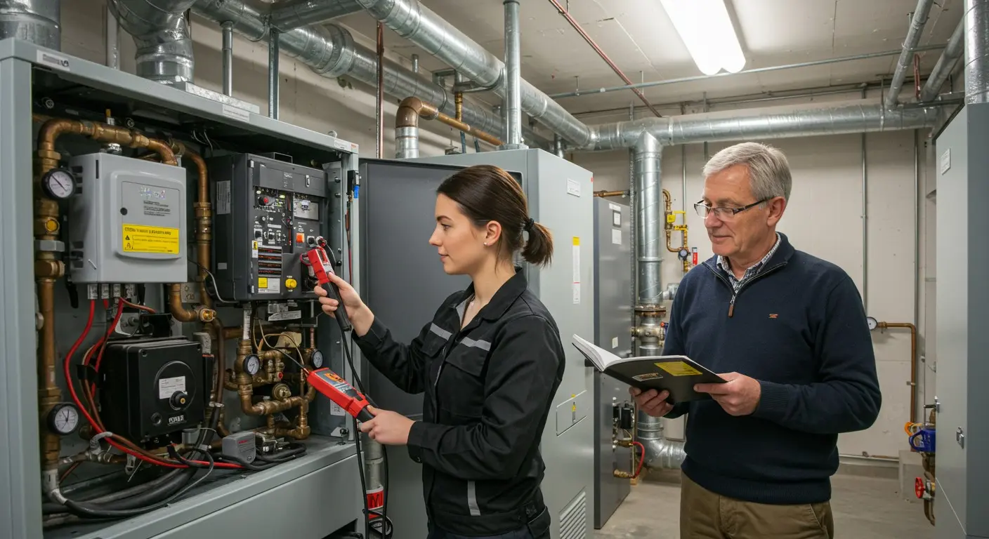 A man and woman inspecting and repairing a gas furnace together.