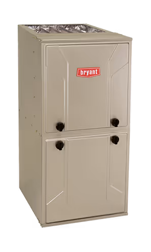 A gray Bryant furnace with a red logo and two black knobs is displayed on a black background.