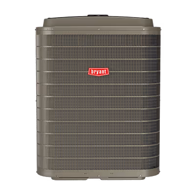 A brown Bryant air conditioner with a red logo is centered on a black background, showcasing its grilles and overall design.
