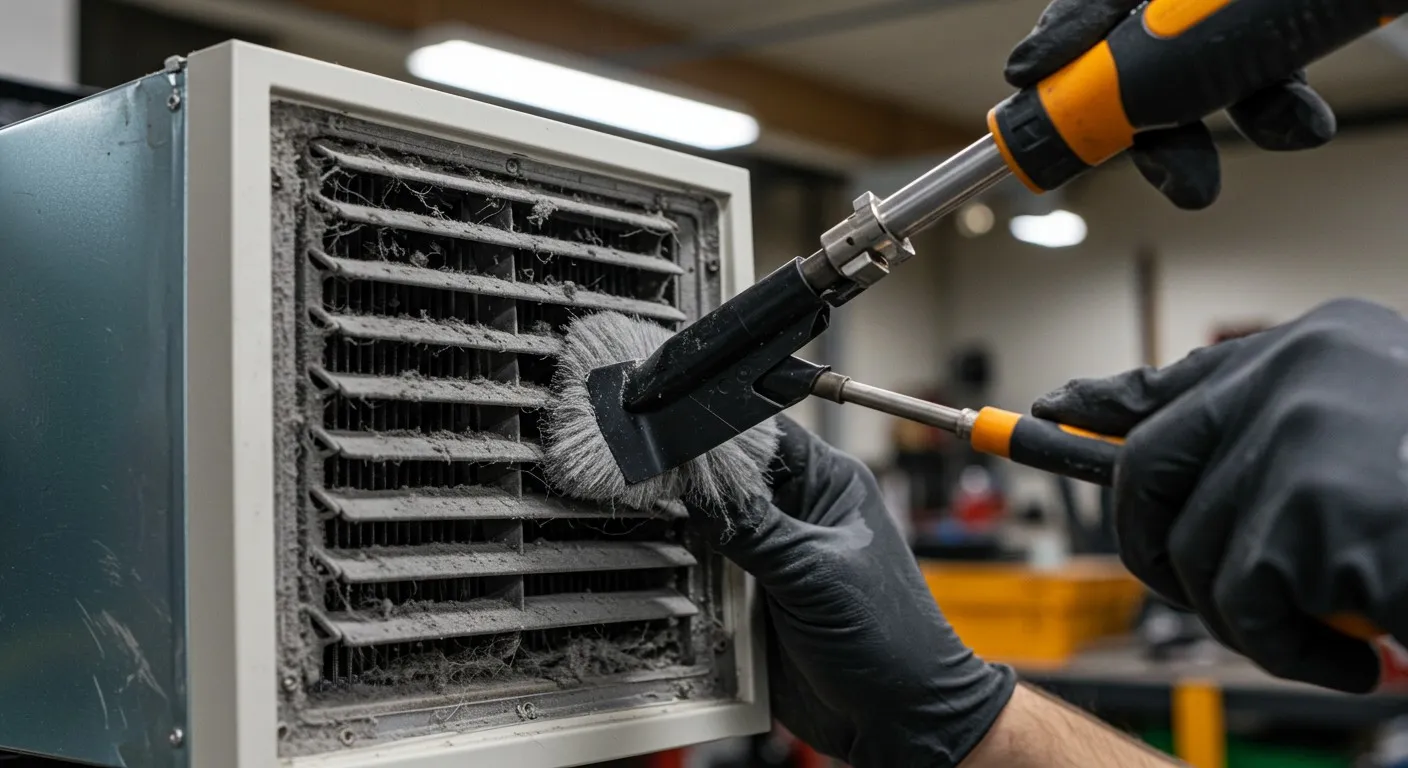 A close-up shot shows gloved hands using a brush attachment to clean a heavily dust-filled rectangular air vent with horizontal slats.