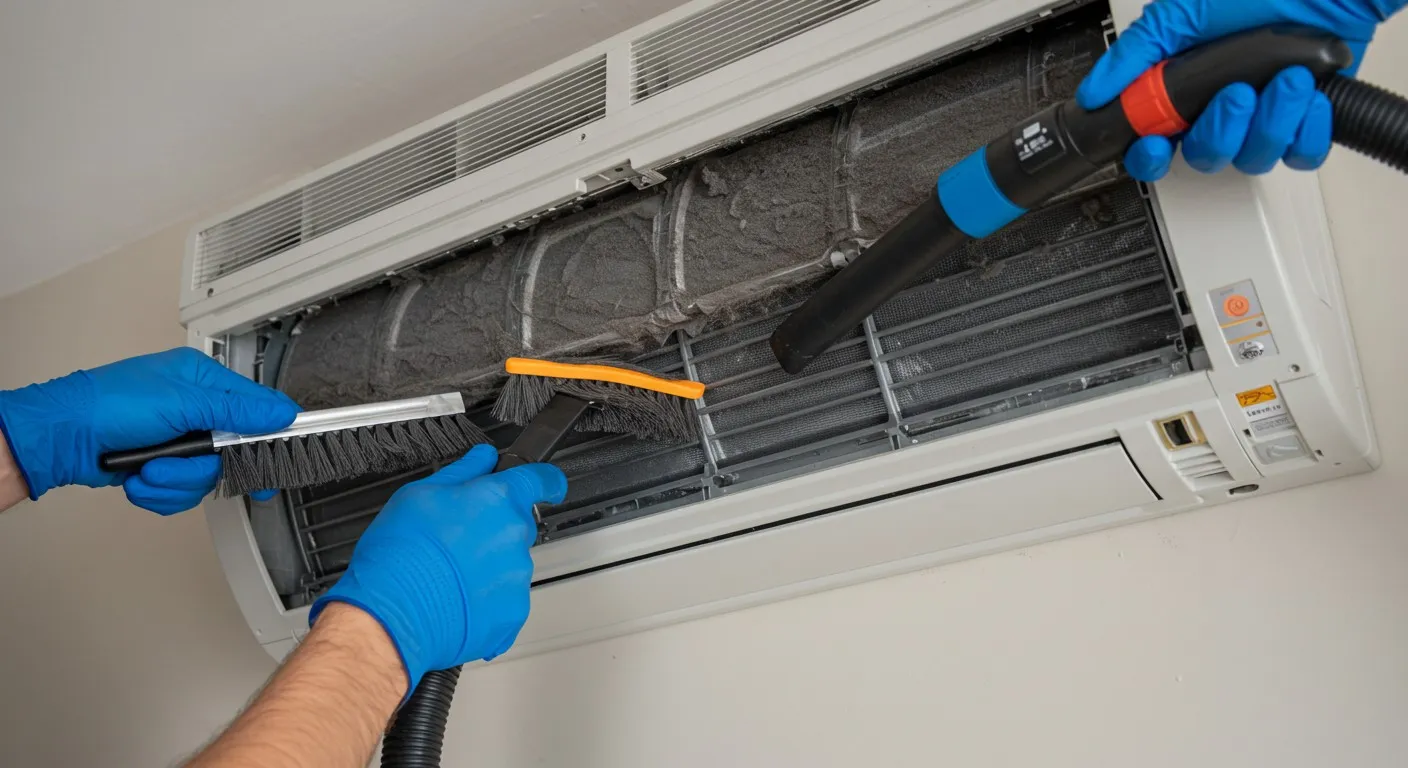Two people wearing blue gloves are cleaning a dirty white wall-mounted air conditioner with a vacuum attachment and brushes, revealing the dust-laden interior components.