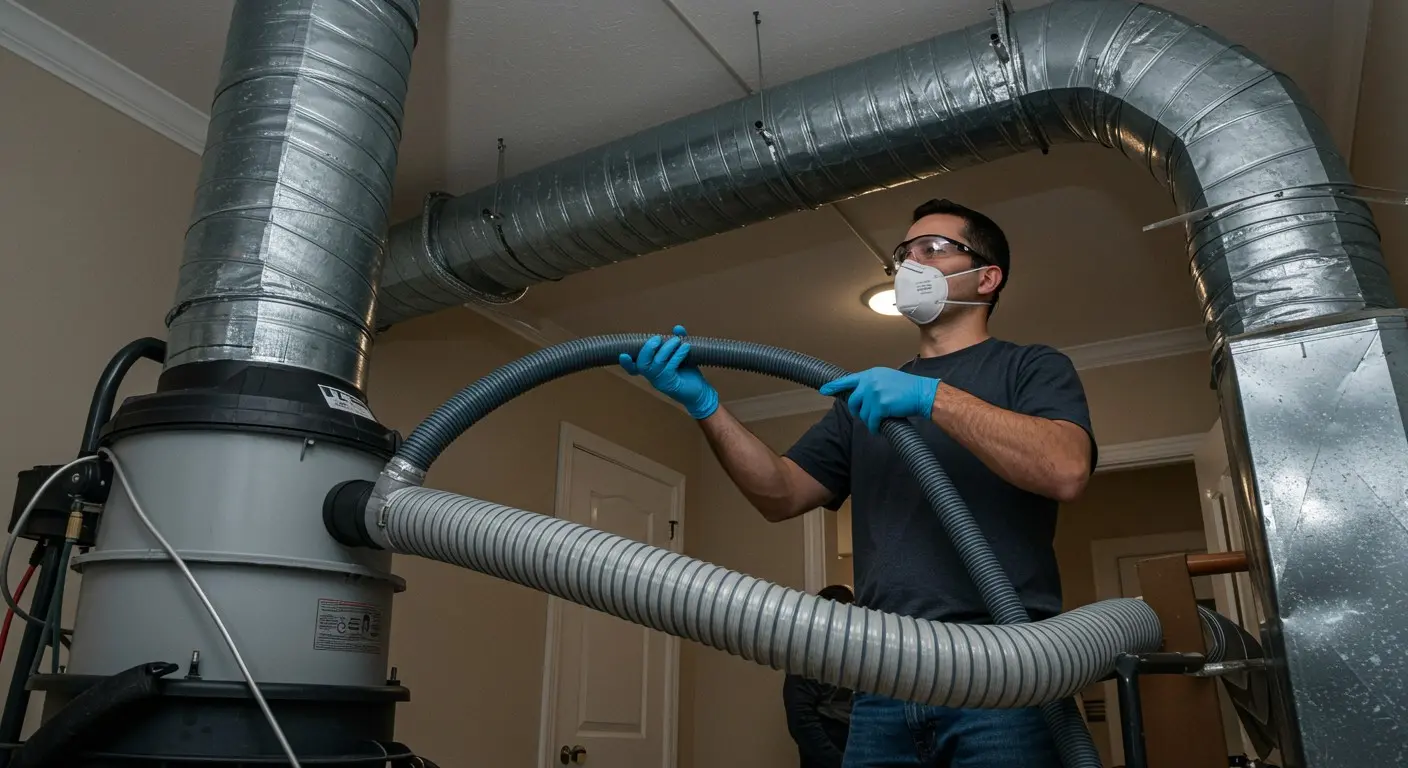 A person wearing safety glasses and blue gloves is holding a large, flexible gray hose, extending from a tall, cylindrical vacuum unit towards silver-colored ducts on the ceiling in an unfinished room.