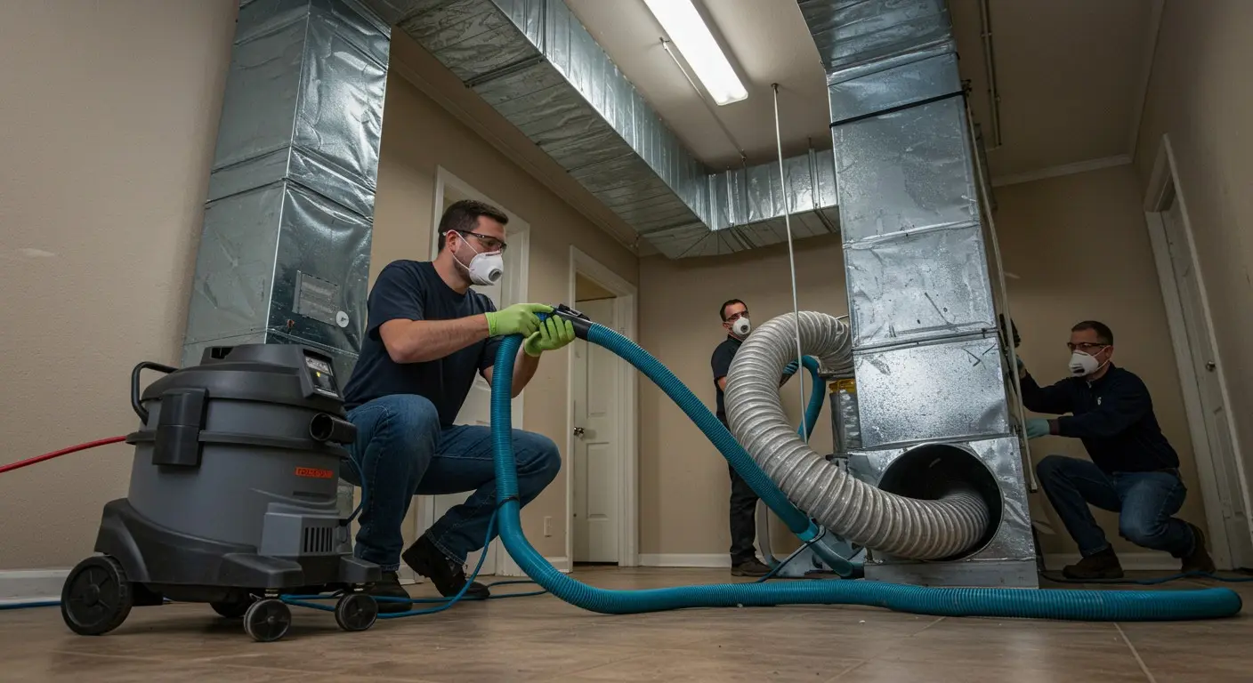 Three technicians wearing face masks are working in a room with large silver air ducts, using a gray industrial vacuum cleaner and hoses to perform duct cleaning.