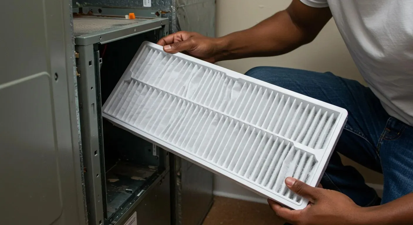 A close shot of person installing a brand new air filters in a HVAC system