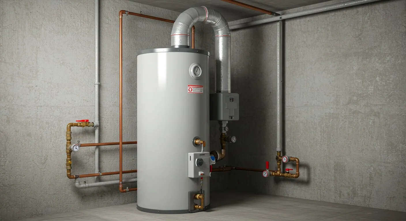 A large, light-grey cylindrical water heater stands prominently in a concrete-walled room. It has a round temperature gauge on its upper front and a red warning label below it. Connected to the top of the heater is a corrugated metal vent pipe that curves upwards and exits through the ceiling. Around the water heater, numerous copper pipes with various valves (some with red handles) and gauges are meticulously installed against the concrete walls. An electrical box is mounted on the wall to the right of the water heater, with conduit running from it.