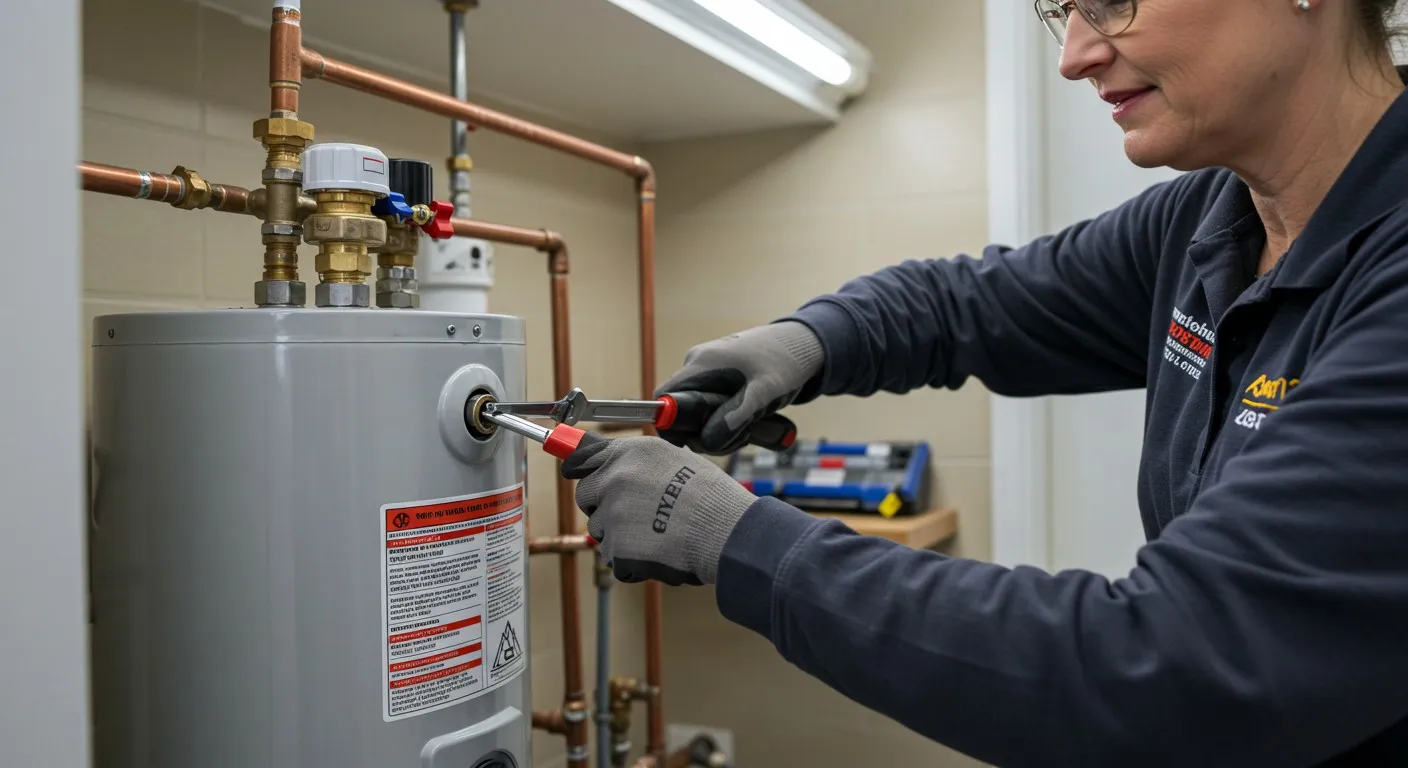 A side view shows a woman with glasses, wearing a dark grey long-sleeved shirt and grey work gloves, actively performing maintenance on a light grey residential water heater. She is using a wrench to tighten or loosen a fitting on the side of the tank. Above the water heater, an array of copper pipes with various valves and gauges are visible against a tiled wall.