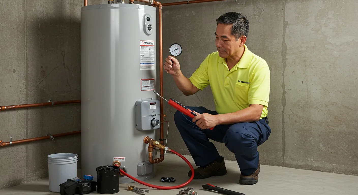  A male technician of East Asian descent, wearing a bright yellow polo shirt, dark blue pants, and work boots, is crouched next to a large, light-grey residential water heater in a basement or utility room with concrete walls and floor. He is holding a red and black tool, possibly a pump or a wrench, and appears to be pointing towards a circular gauge on the water heater.