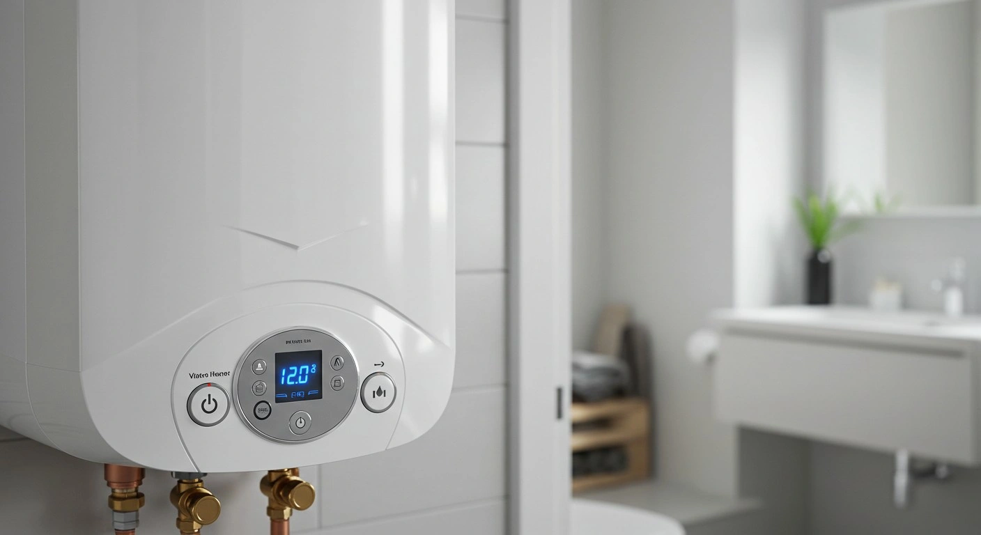 A modern, wall-mounted white tankless water heater with a blue digital display showing "12.0°" is the focal point of the image. Below the display are several control buttons, including a power symbol. Copper pipes with brass fittings are visible extending from the bottom of the unit. The water heater is mounted on a light-colored, possibly tiled, wall.
