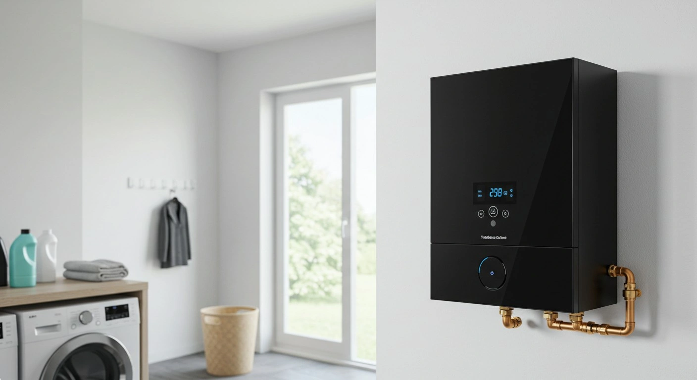  A sleek, black tankless water heater is mounted on a light grey wall in what appears to be a modern laundry room or utility space. The unit has a digital display showing blue numbers, likely a temperature reading of "29.8°", and some control buttons. Copper pipes with brass fittings extend from the bottom of the unit. To the left, a portion of a laundry area is visible, with a washing machine under a wooden countertop, laundry detergents, and folded towels.