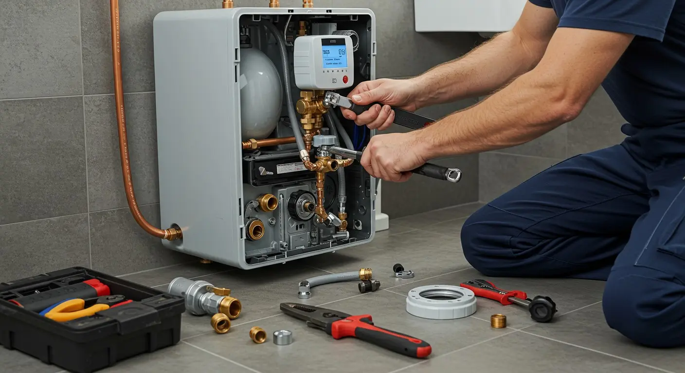  A male technician, dressed in a dark blue work uniform, is actively working on an open, wall-mounted tankless water heater. He is kneeling on a grey tiled floor, using two wrenches to adjust a brass fitting on the complex internal plumbing of the unit. The water heater's interior is exposed, revealing a small digital screen and various components. Around him on the floor are several plumbing parts, tools including pliers and a wire stripper, and an open toolbox with more tools. 