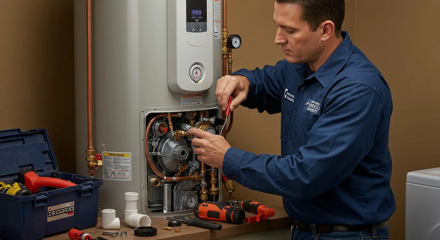  A male technician in a dark blue short-sleeved work shirt with a company logo is diligently working on the lower front section of a tall, light grey residential water heater. He is using a red-handled wrench to adjust or tighten a brass fitting on the complex network of copper pipes and valves. The internal components of the water heater are partially exposed. To his left, an open blue toolbox contains various tools, and several plumbing parts are scattered on a light wooden countertop or workbench.