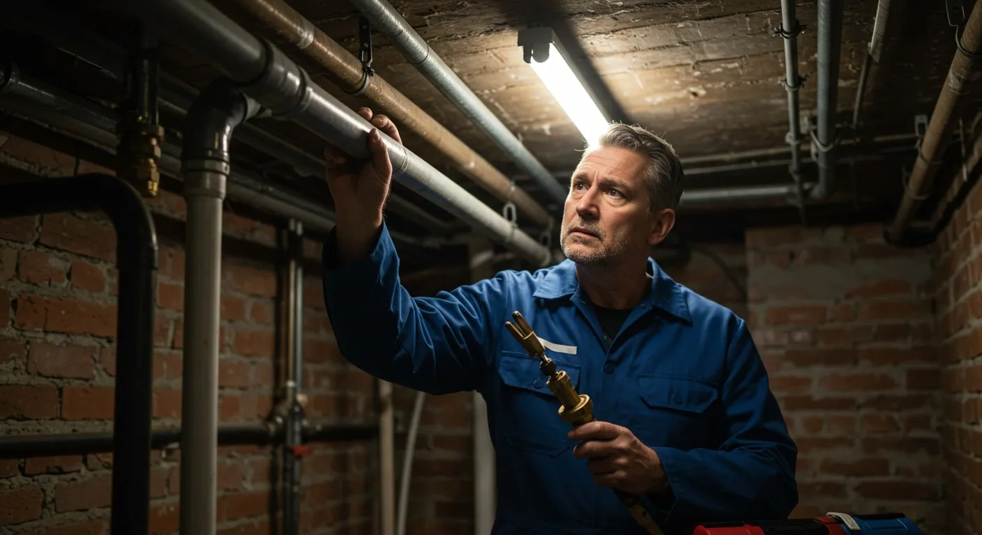 A focused plumber is wearing blue overalls and holding a brass fitting while inspecting pipes on a low ceiling in a dimly lit basement with brick walls.
