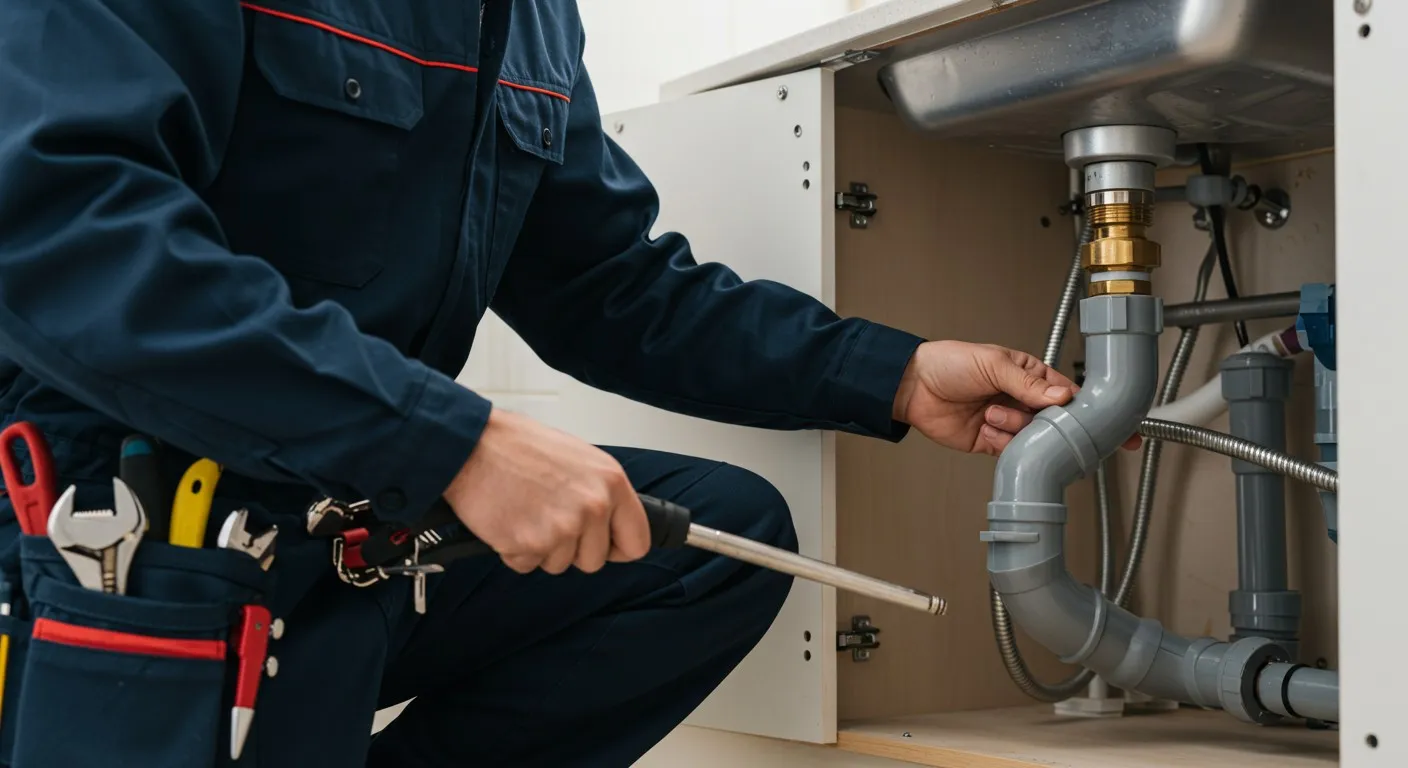  A person wearing a dark blue uniform and a tool belt is kneeling and inspecting the gray plumbing pipes under a sink in a white cabinet.