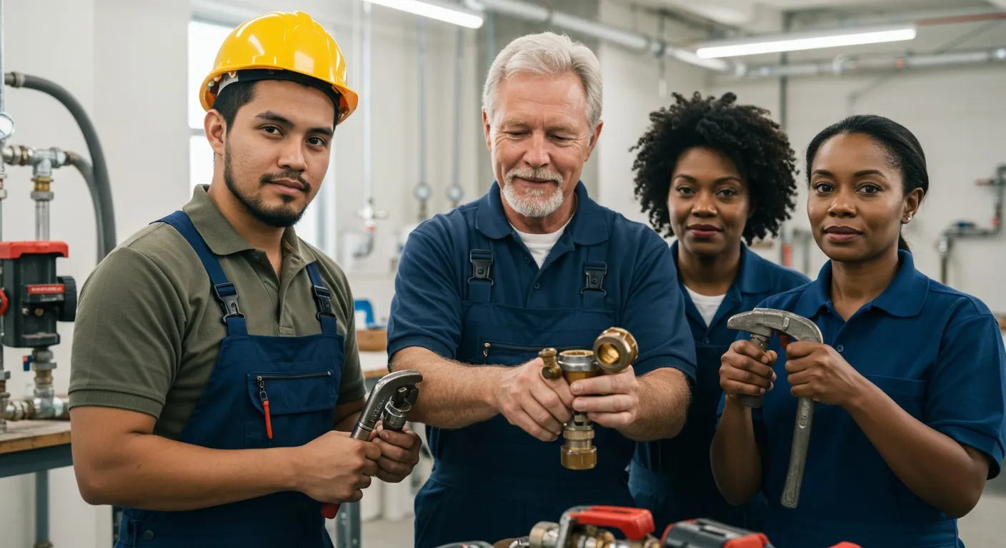 A group of four plumbers, two men and two women, all wearing blue work shirts, are standing in a workshop setting with pipes and gauges in the background. The man in the middle is holding a brass pipe fitting, and the woman on the right is holding a hammer.