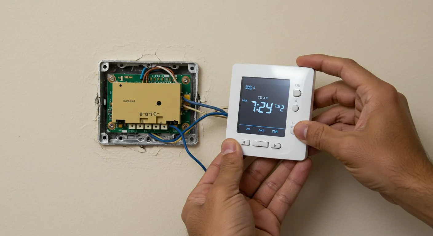 A pair of hands is holding a white digital thermostat, displaying "7:24" and "TUE 2," while connecting blue and yellow wires to its base, which is mounted on a beige wall.