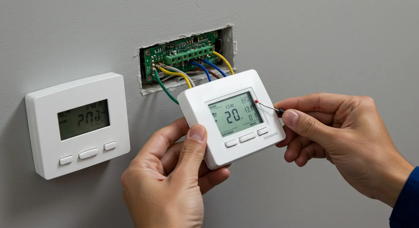  A close-up of a person's hands shows them holding a white digital thermostat with a black screen and connecting multicolored wires into a wall-mounted electrical box, with another similar thermostat already installed on the wall to the left.