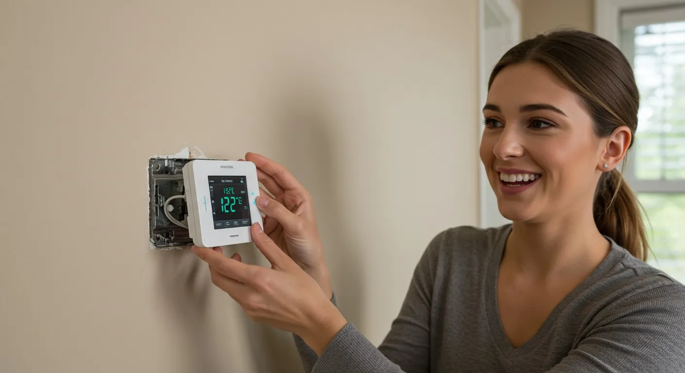 A smiling woman is seen from the chest up, holding a white digital thermostat with a green display that reads "15°C," as she prepares to install it into a square opening in a beige wall.
