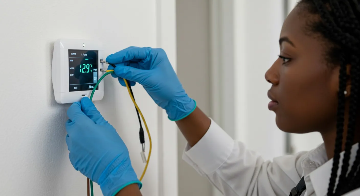 A Black woman wearing blue gloves is adjusting wires on a white digital thermostat mounted on a white wall, with a display showing "12.9°" and "29°".
