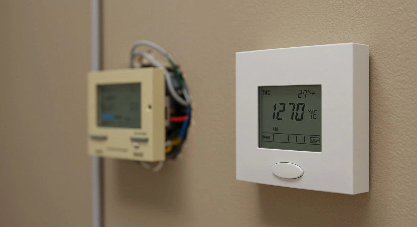 A white digital thermostat is mounted on a beige wall, displaying "127.0" in large green numbers, with an older, exposed thermostat unit partially visible and out of focus to the left.