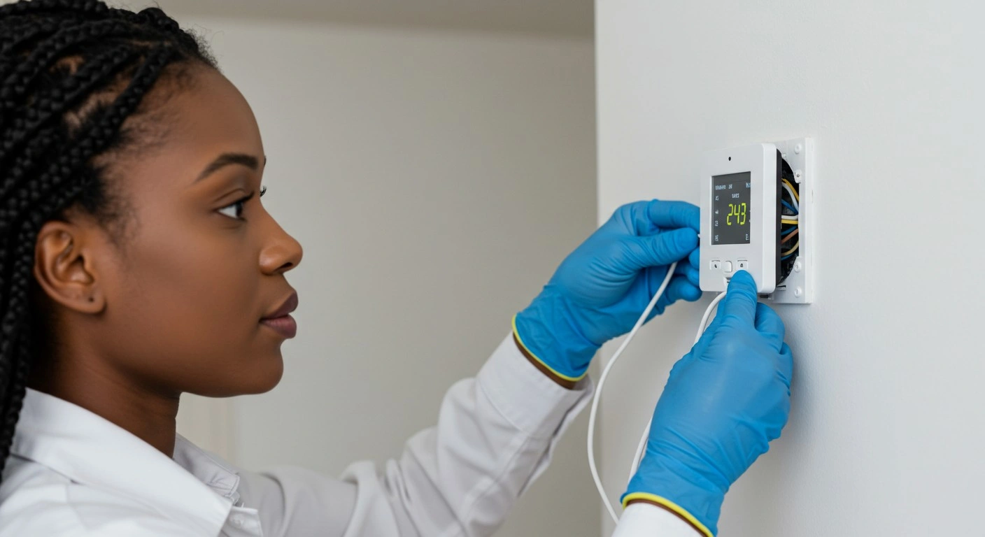 A young Black woman wearing a white long-sleeved shirt and blue gloves is meticulously connecting wires to a white digital thermostat, which displays "24.3" on its screen and is mounted on a white wall.
