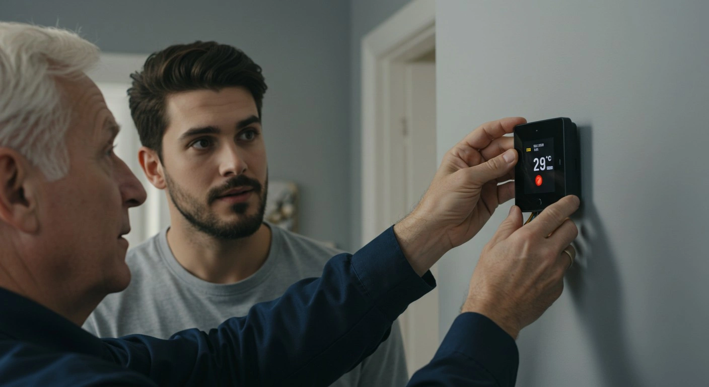 An older man in a dark blue shirt is showing a younger man in a gray shirt how to install a black digital thermostat displaying "29°C" on a light gray wall.