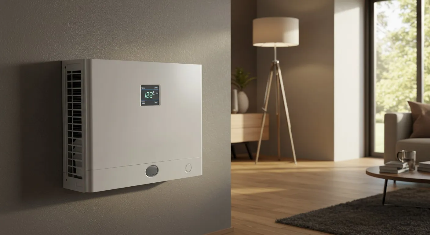  A sleek, white ductless heating and cooling unit is mounted on a light gray wall in a modern living room, with a digital display showing "22°". A light grey sofa, a wooden coffee table, and a tripod floor lamp are visible in the blurred background, along with a large window.