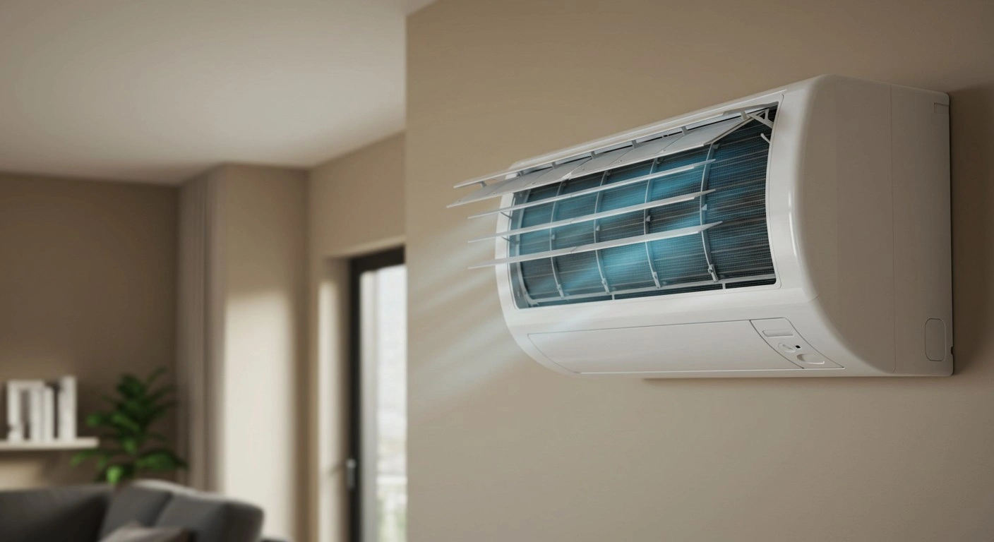  A sleek, white ductless air conditioner unit with open louvers and a blue glowing light inside is mounted on a light beige wall in a modern room with blurred furniture in the background.