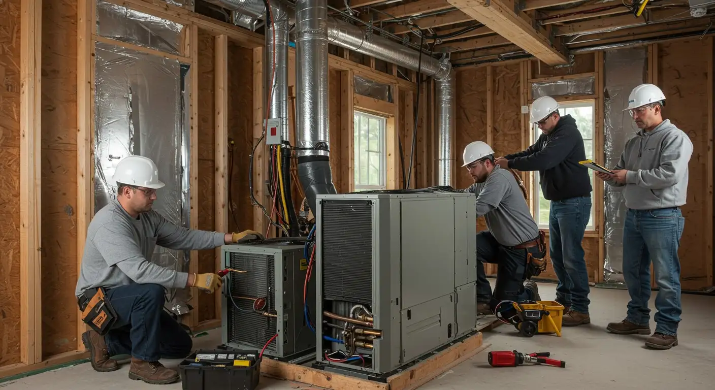 Three men collaborating on furnace repairs in a residential setting.