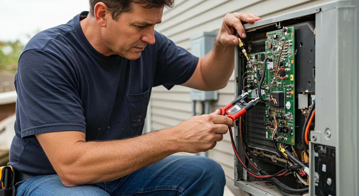 Man tests outdoor HVAC electrical board.