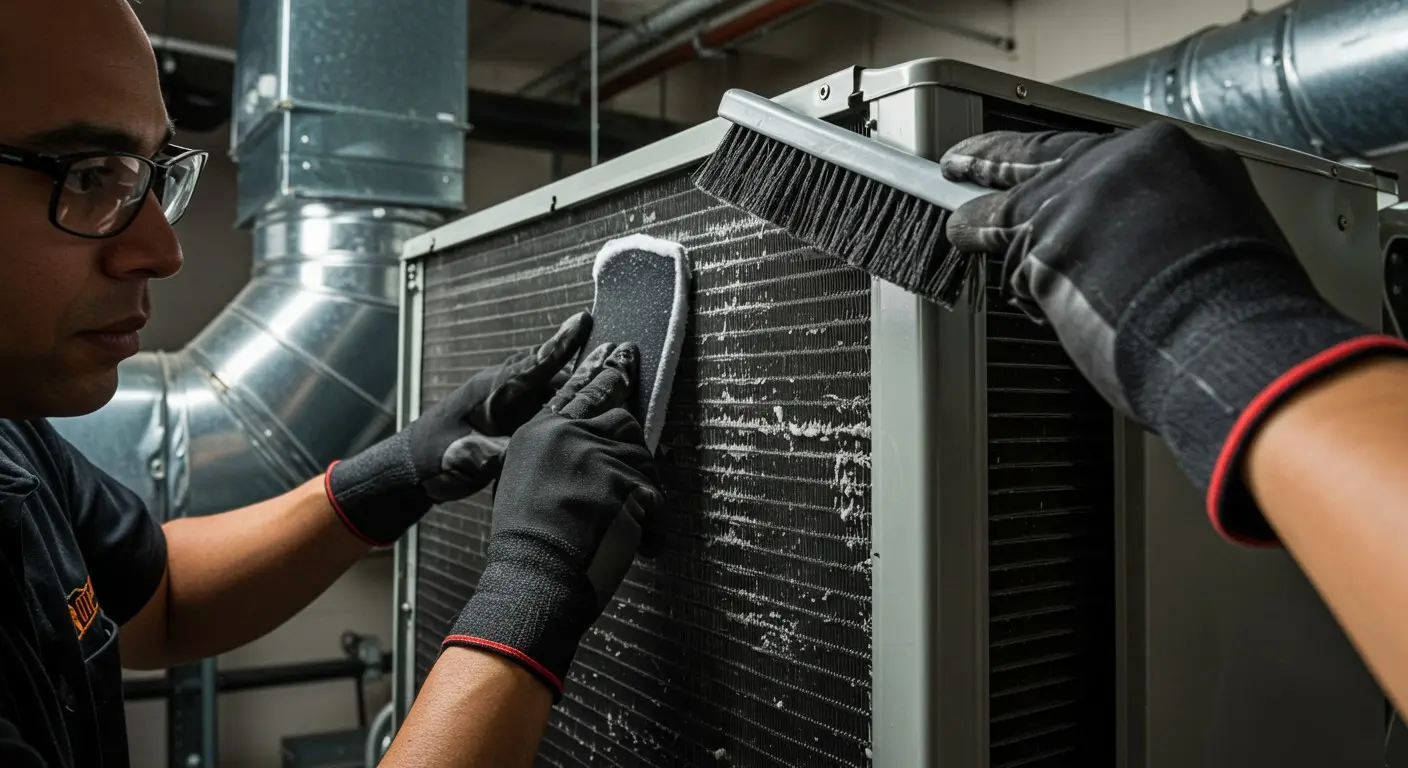 Man cleaning dusty indoor furnace coils.