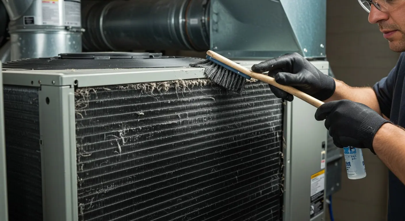 Man cleaning dirty indoor furnace coils.