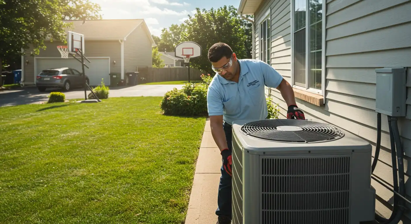 Man technician maintaining outdoor HVAC unit.
