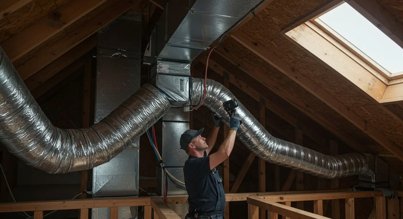 Man installs attic ductwork and wiring.