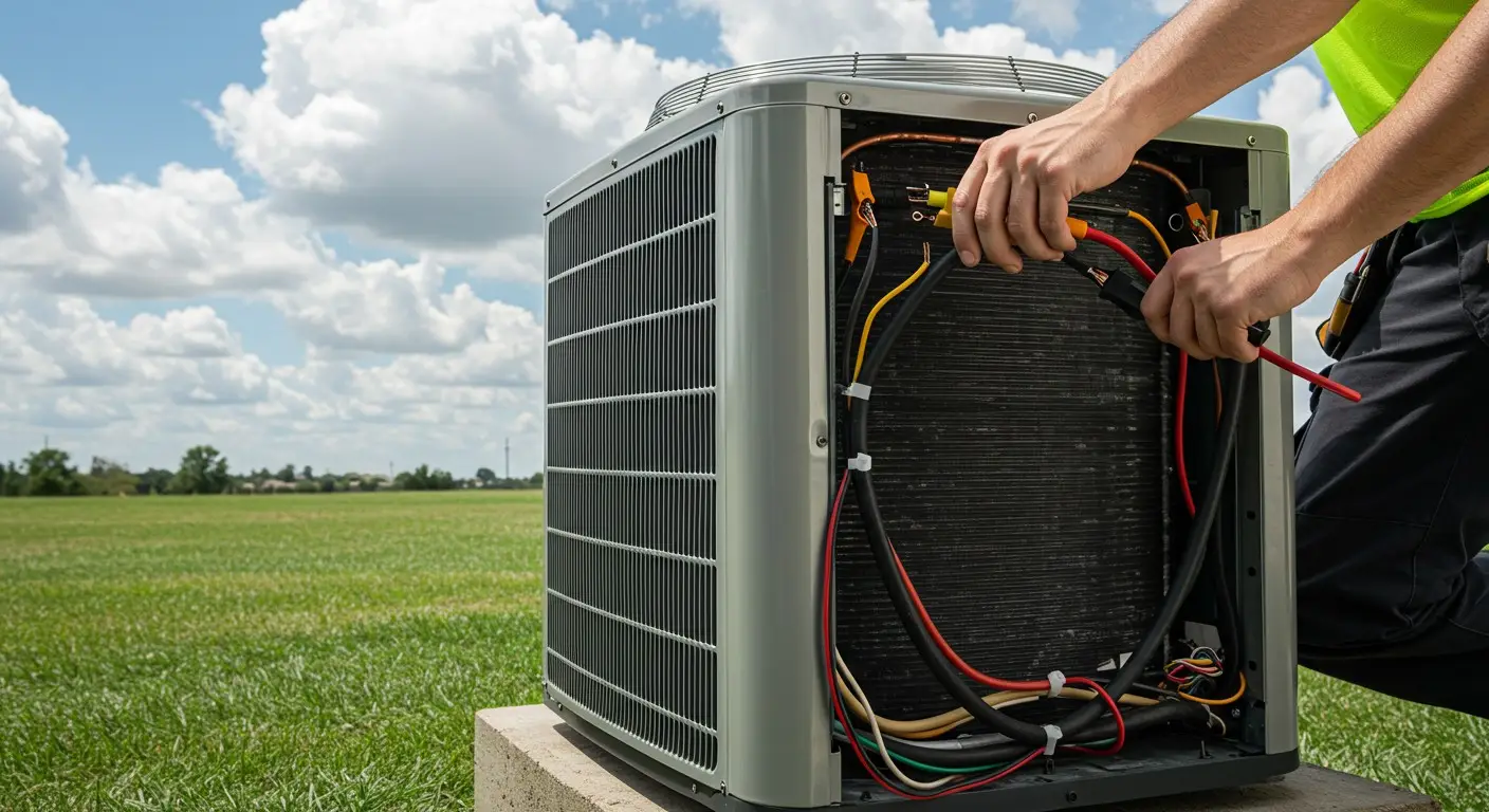 HVAC technician servicing outdoor AC unit.