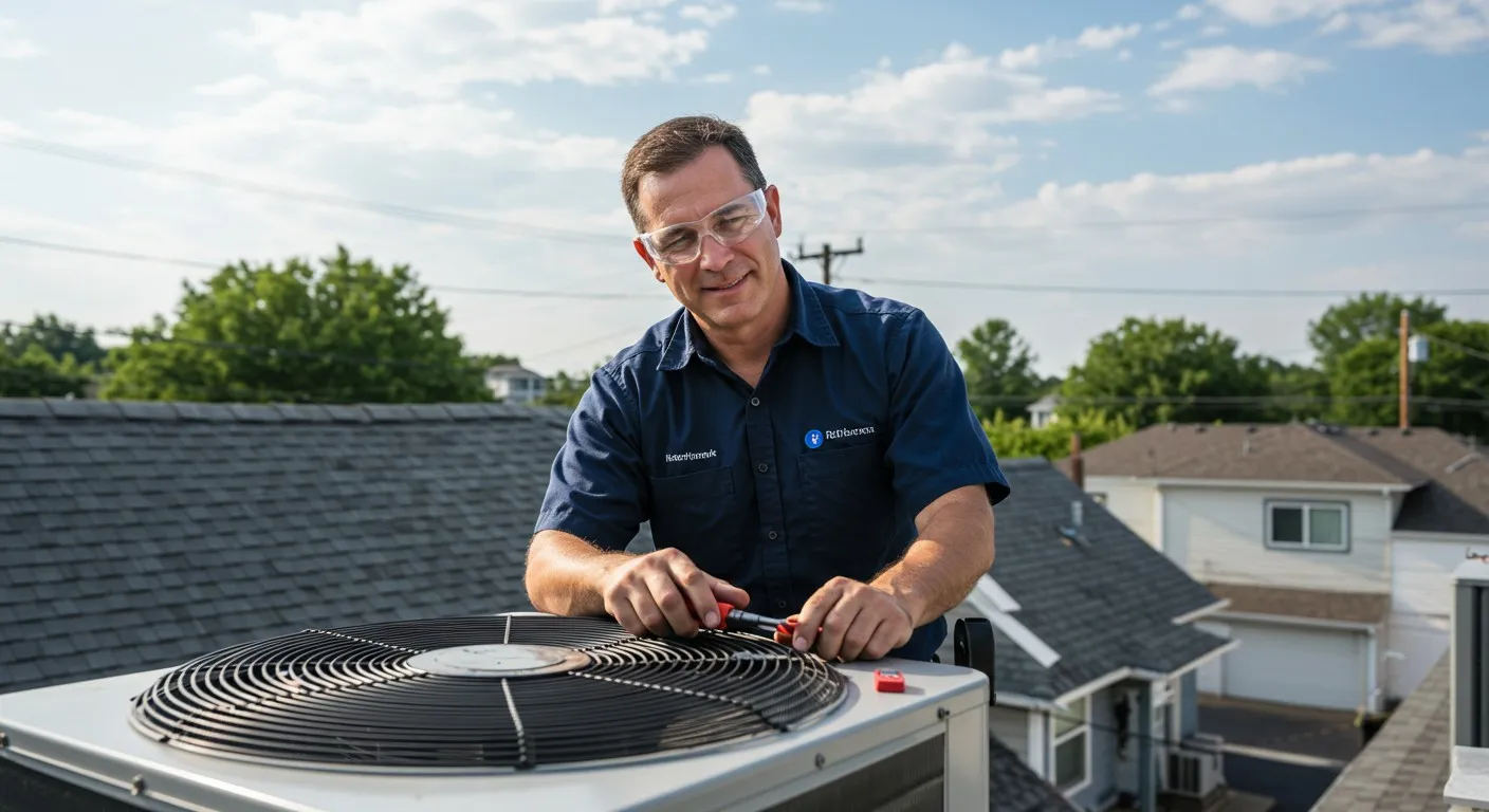 Man repairs rooftop AC unit