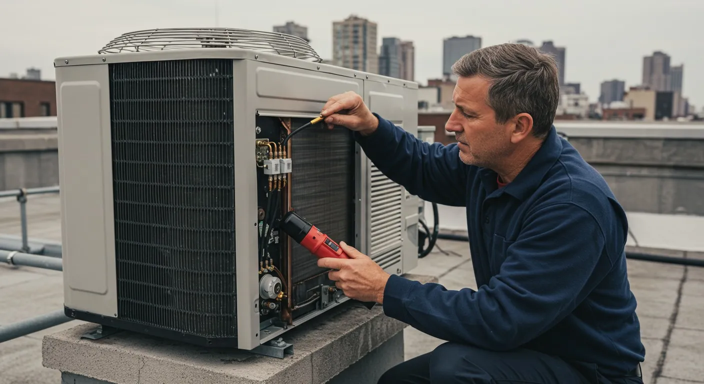 Man repairing rooftop AC condenser unit.
