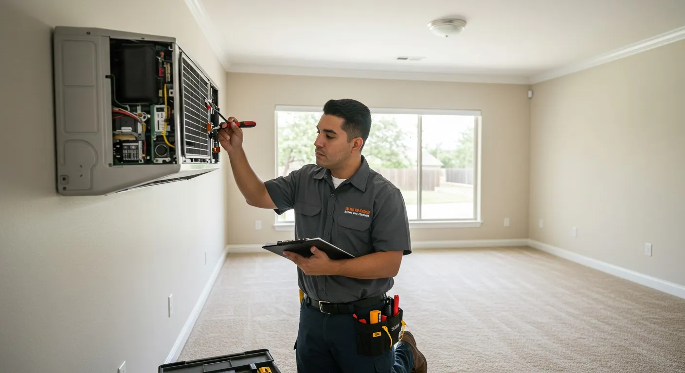 Man inspects wall-mounted AC unit.