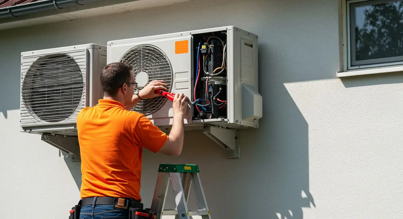 Man repairs outdoor air conditioning unit.