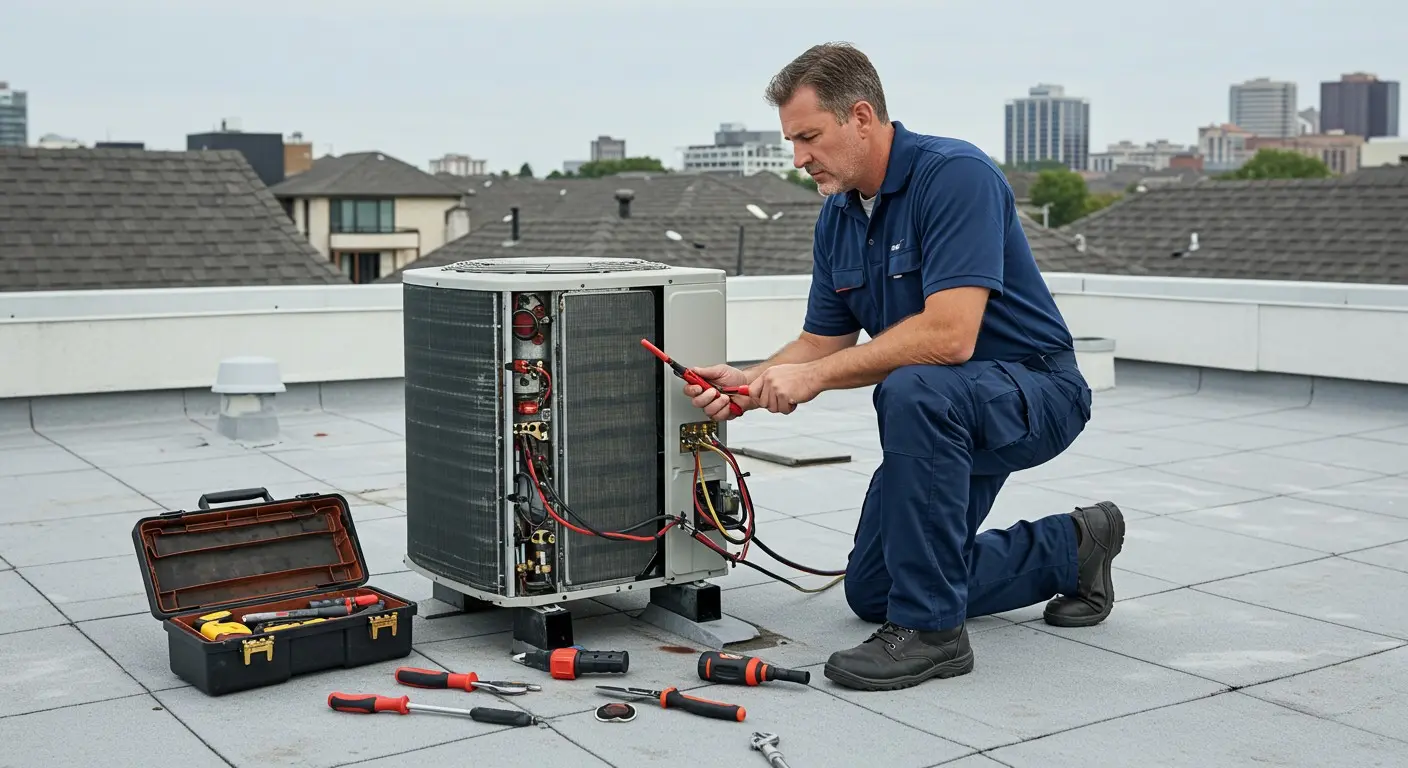 Man on roof repairs AC.