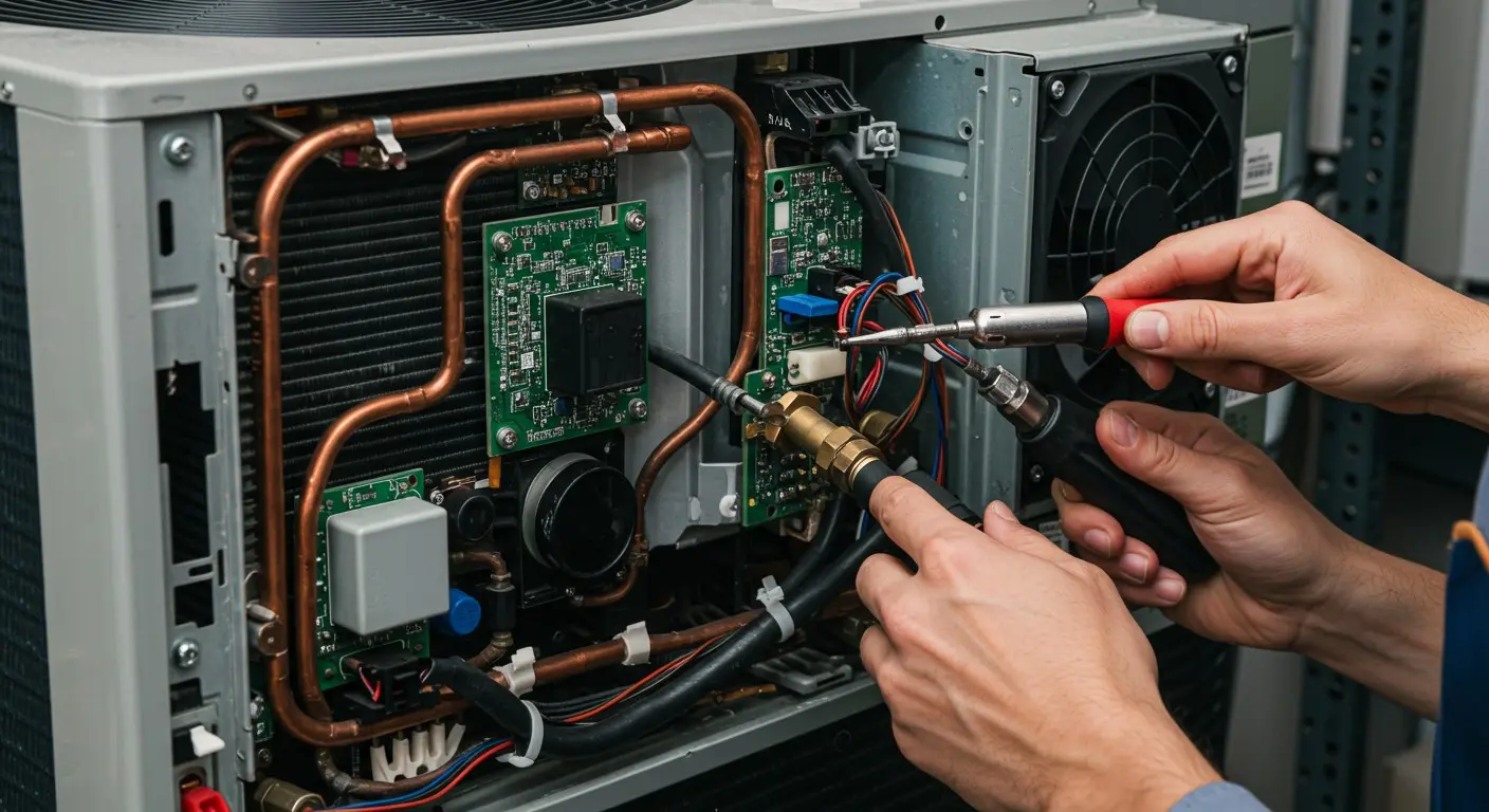 Technician soldering wires inside HVAC unit.