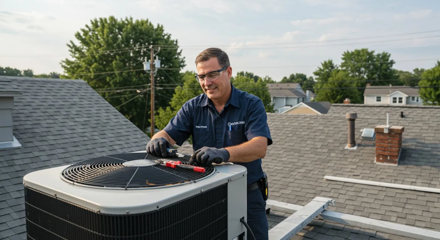 Man repairs rooftop AC unit.