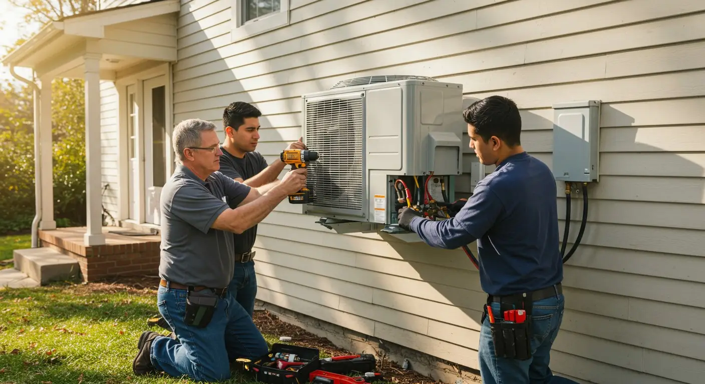 Three men installing an outdoor AC unit.