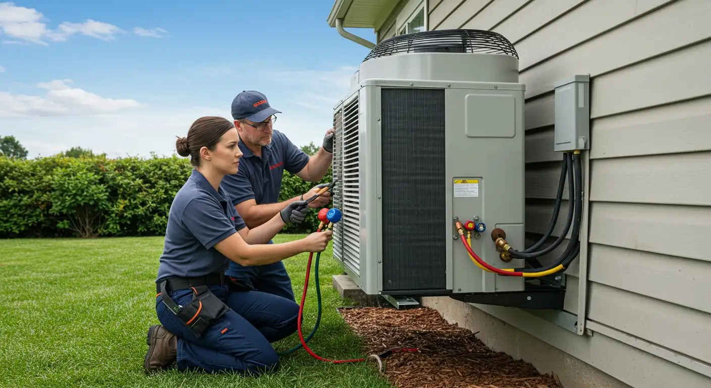Two technicians servicing outdoor HVAC unit.
