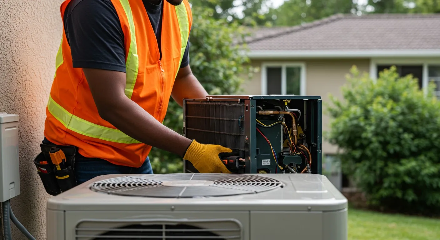 Man repairing an outdoor AC.